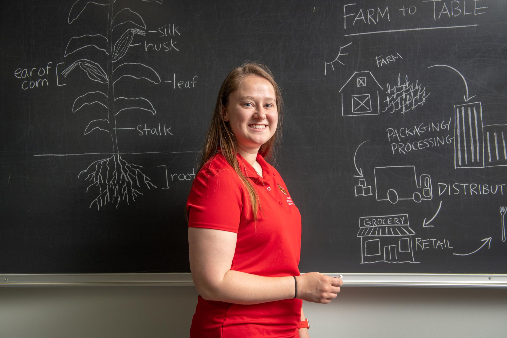 Student in front of chalkboard